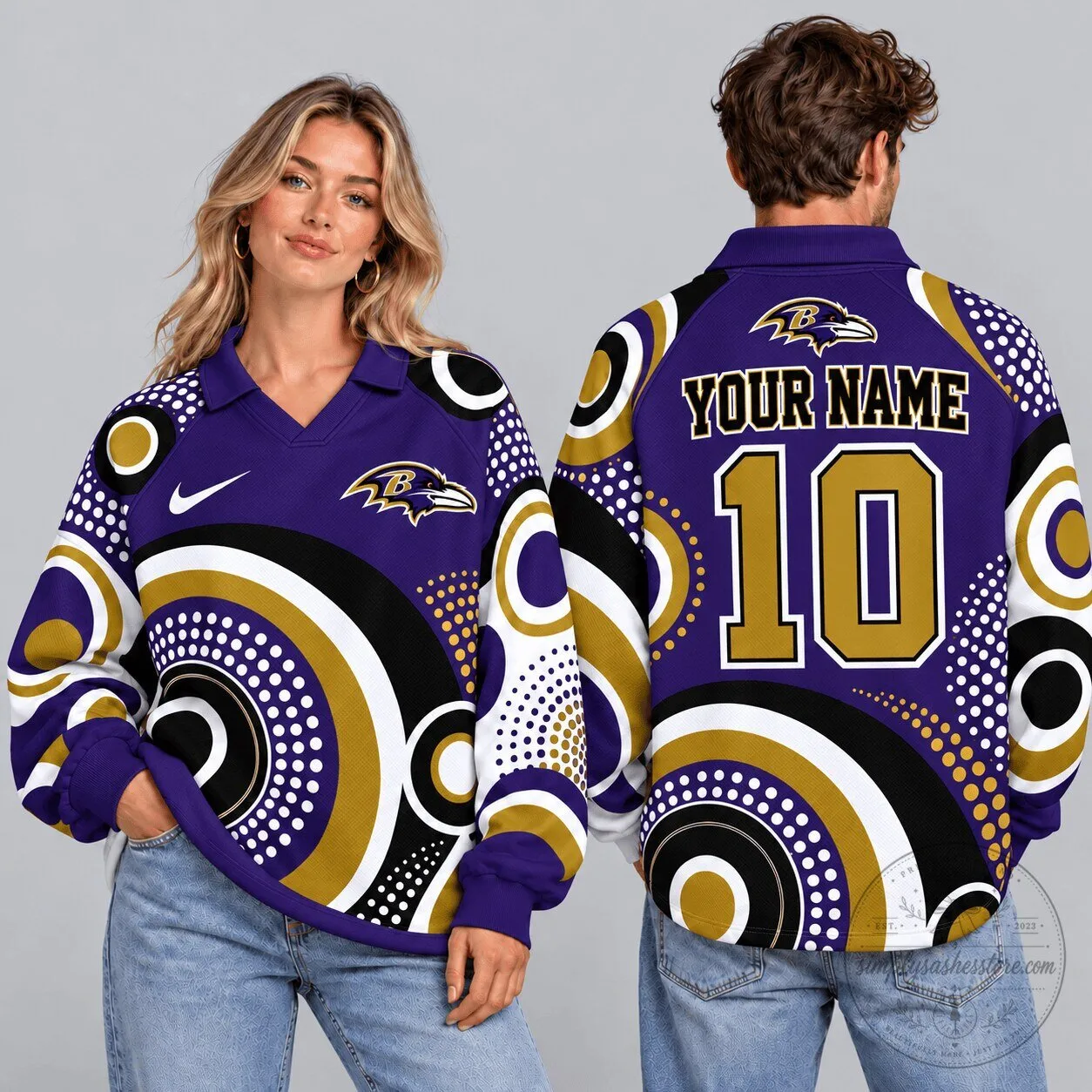 Baltimore Ravens NFL Custom Name Number Geometric Circle Print Polo Sweatshirt