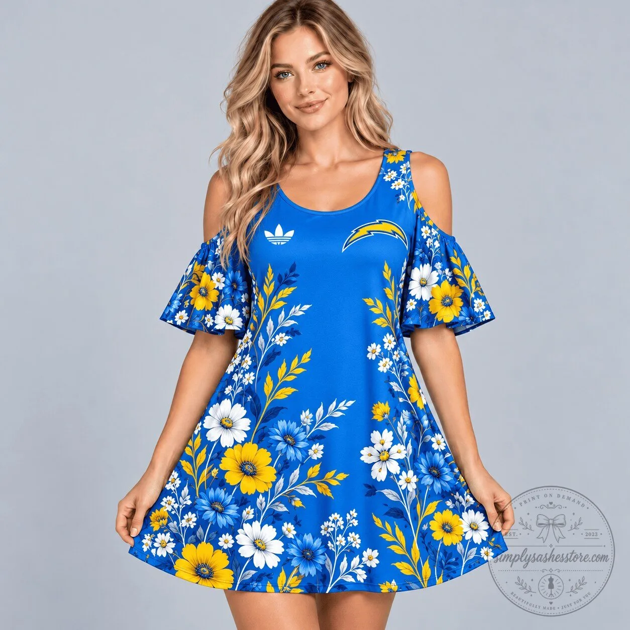 Los Angeles Chargers Elegant Floral Print Cold Shoulder Ruffle Sleeve Mini Dress