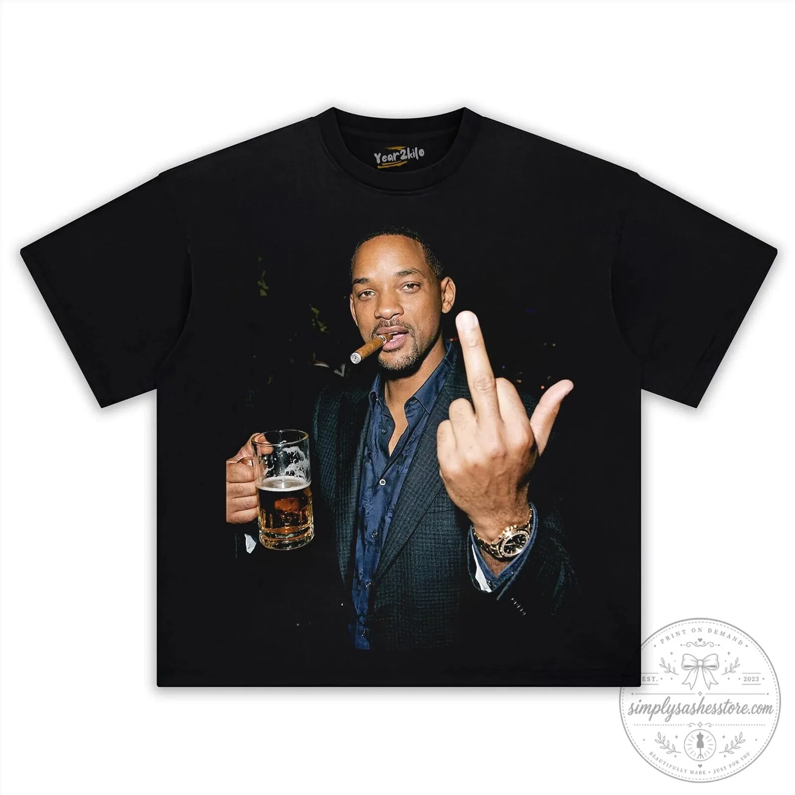 Will Smith Cigar Beer Middle Finger Black T-Shirt