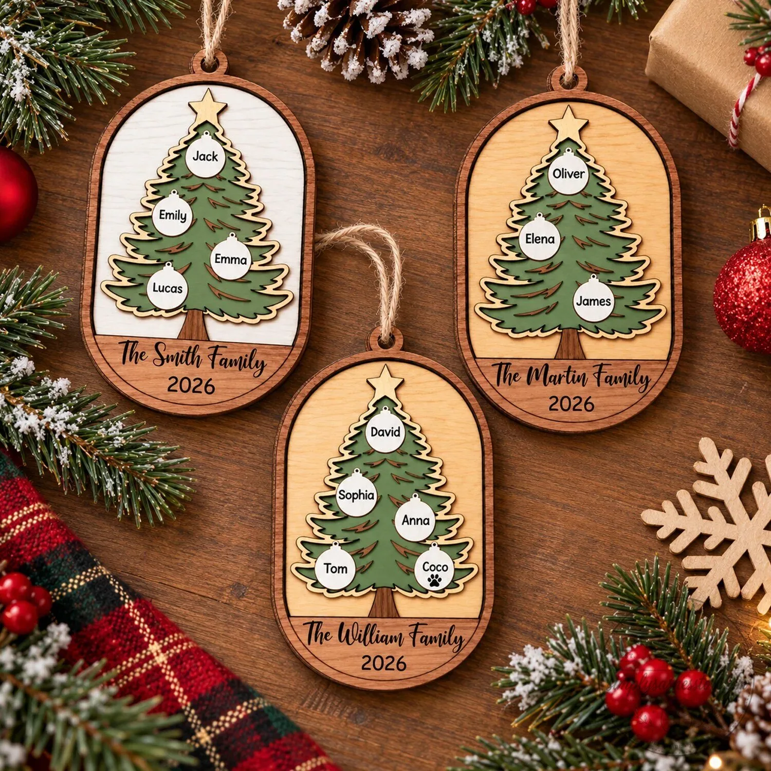 Personalized Family Christmas Tree Wooden Ornament with Custom Names and Year