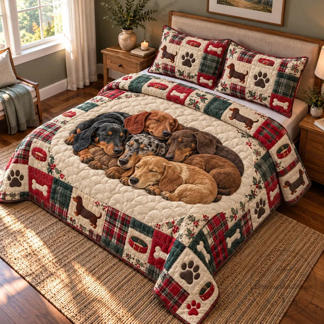 Dachshund Sleeping Dogs Plaid Patchwork Quilted Bedding Set with Pillow Shams