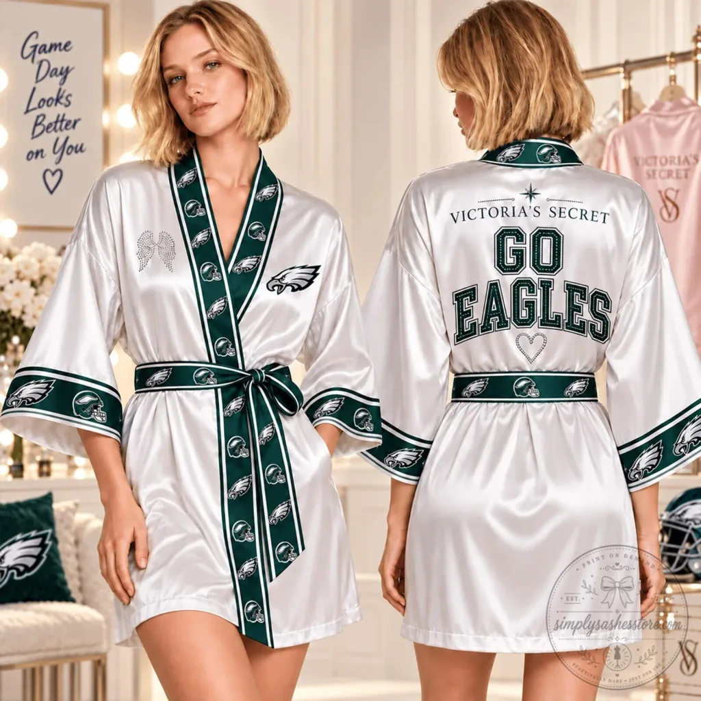 Philadelphia Eagles Womens Satin Robe with Team Logo and Go Eagles Print Philadelphia Eagles Womens Satin Robe with Team Logo and Go Eagles Print