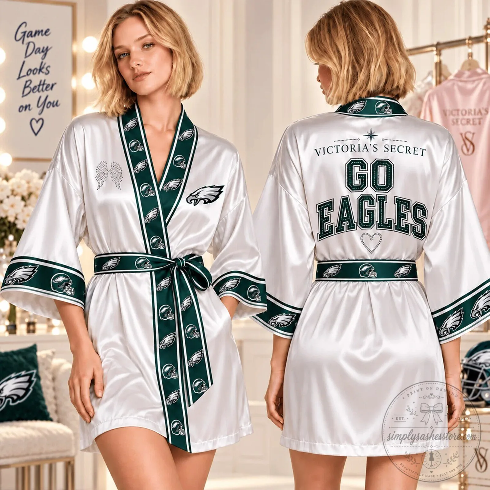 Philadelphia Eagles Womens Satin Robe with Team Logo and Go Eagles Print 3 Philadelphia Eagles Womens Satin Robe with Team Logo and Go Eagles Print