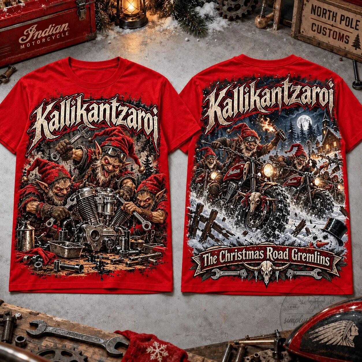 Kallikantzaroi Christmas Road Gremlins Motorcycle Engine Repair T-Shirt