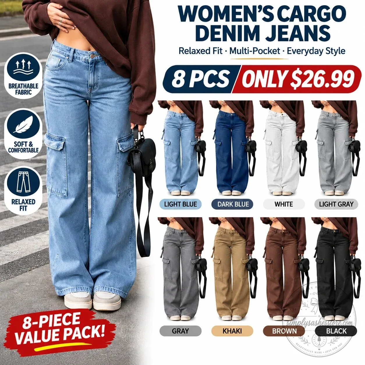 Women's High-Waisted Wide-Leg Cargo Denim Jeans 14 Women