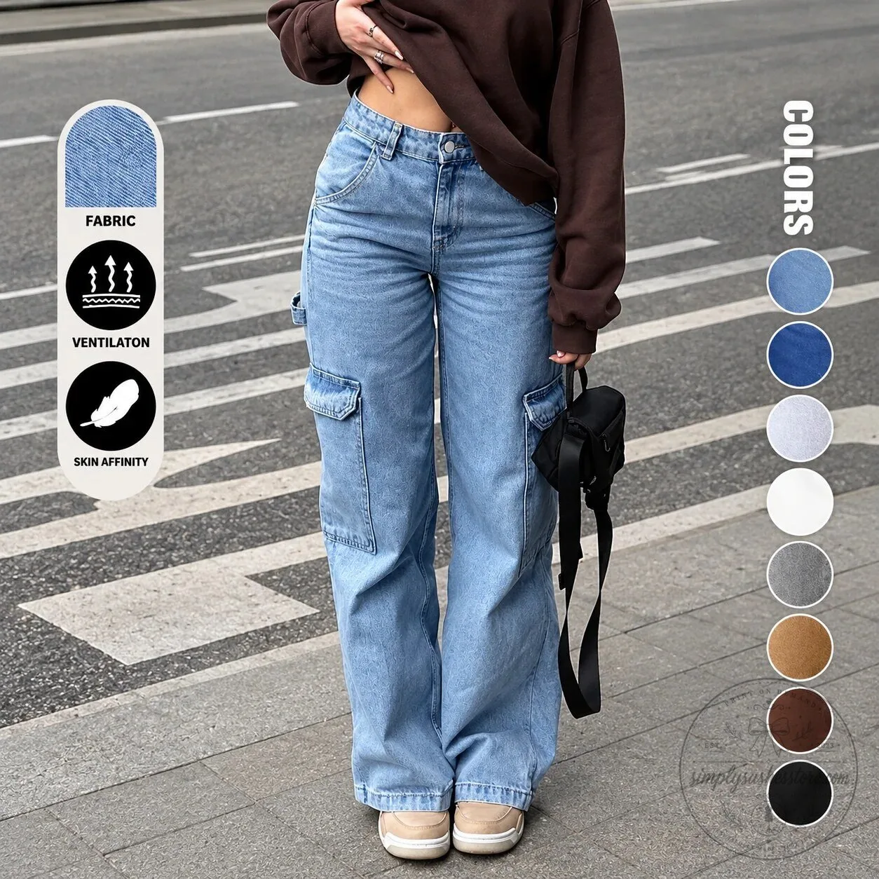 Women's High-Waisted Wide-Leg Cargo Denim Jeans 16 Women