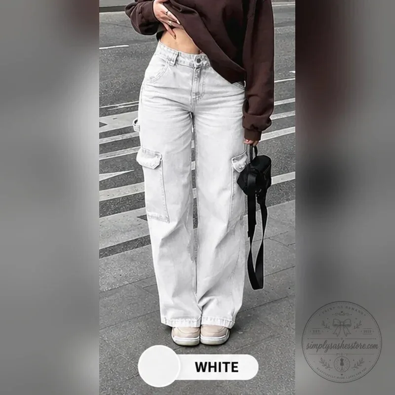 Women's High-Waisted Wide-Leg Cargo Denim Jeans 23 Women