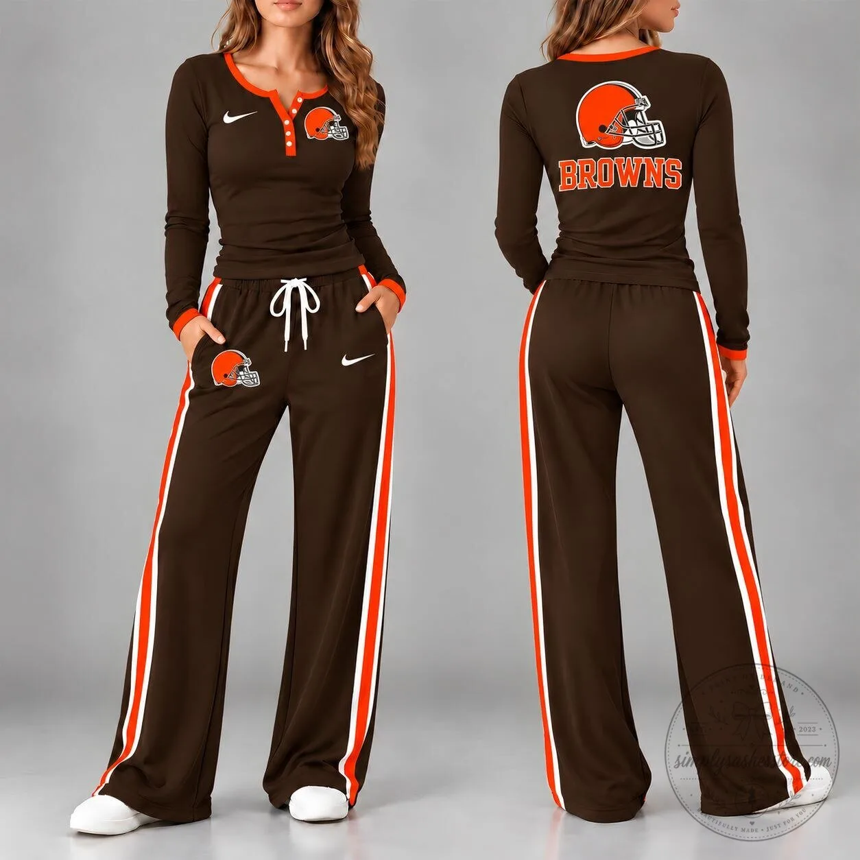 Cleveland Browns Women's Long Sleeve Henley Top and Wide Leg Pants Set