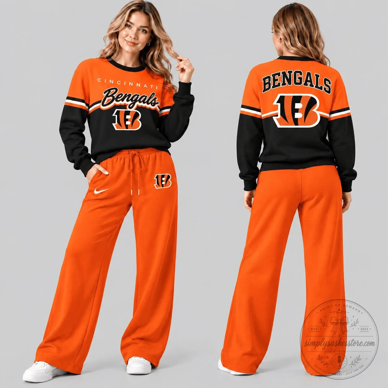 Cincinnati Bengals Football Team Black and Orange Crewneck Sweatshirt for Women