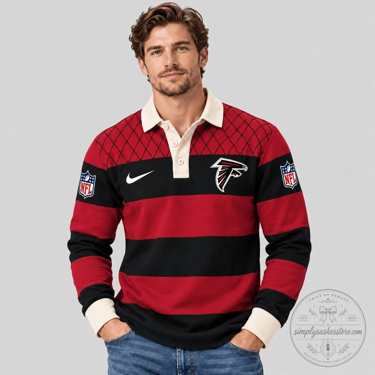 Atlanta Falcons NFL Striped Long-Sleeve Polo Shirt 5 Atlanta Falcons NFL Striped Long-Sleeve Polo Shirt