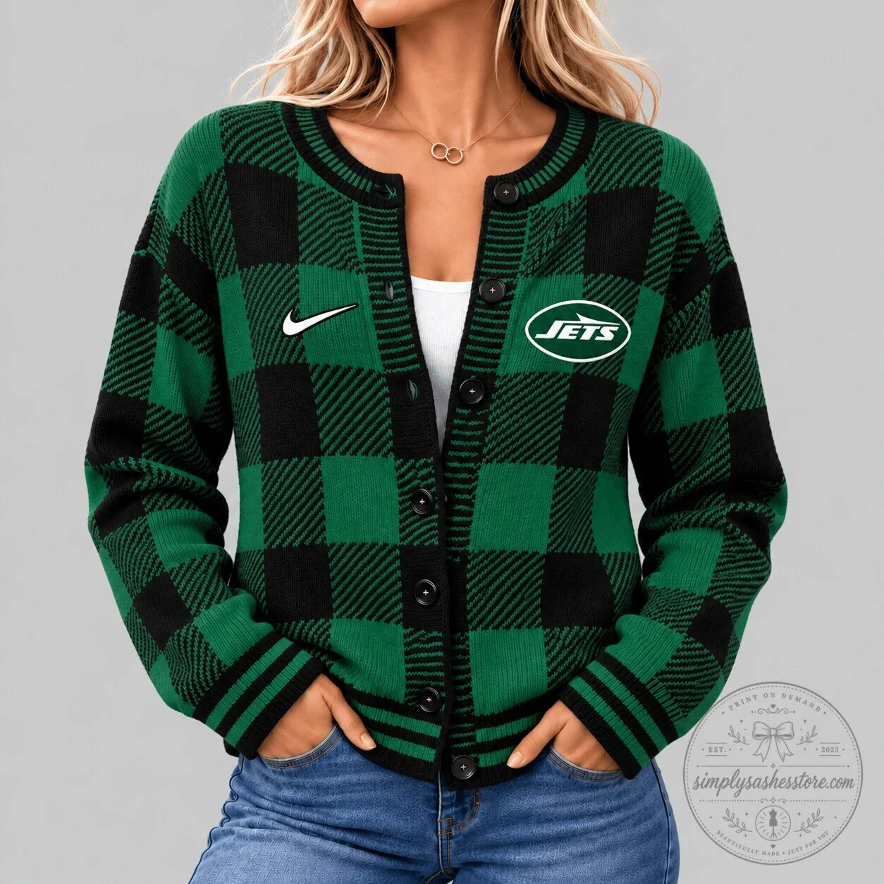 New York Jets Buffalo Check Knit Cardigan Sweater for Women 5 New York Jets Buffalo Check Knit Cardigan Sweater for Women