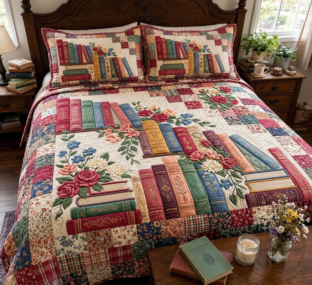 Floral Bookshelf Garden Quilted Bedding Set