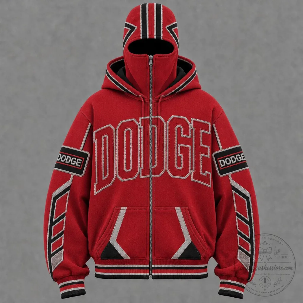 Dodge Red Full-Zip Balaclava Hoodie with Letter Appliqué Design Dodge Red Full-Zip Balaclava Hoodie with Letter Appliqué Design