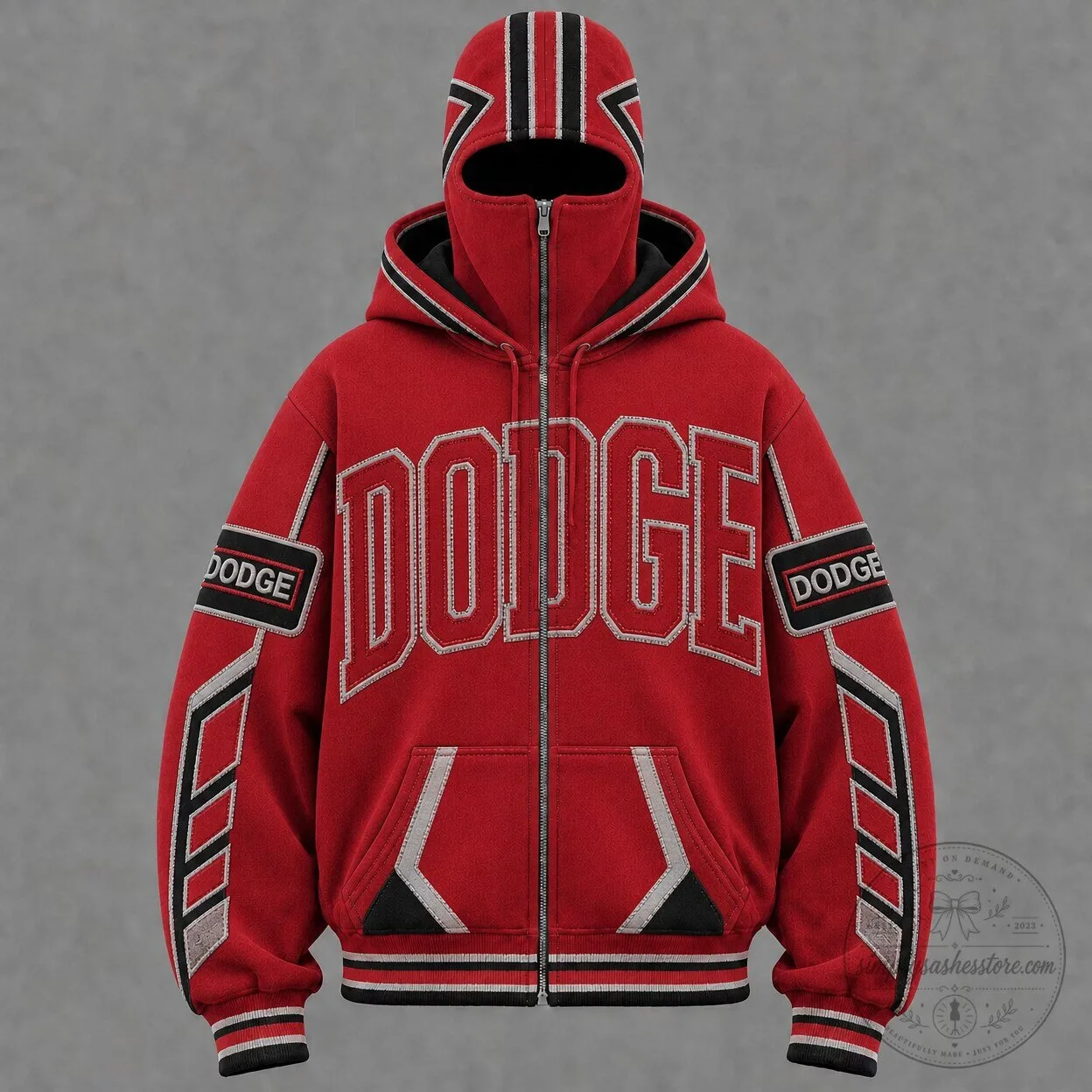 Dodge Red Full-Zip Balaclava Hoodie with Letter Appliqué Design 5 Dodge Red Full-Zip Balaclava Hoodie with Letter Appliqué Design