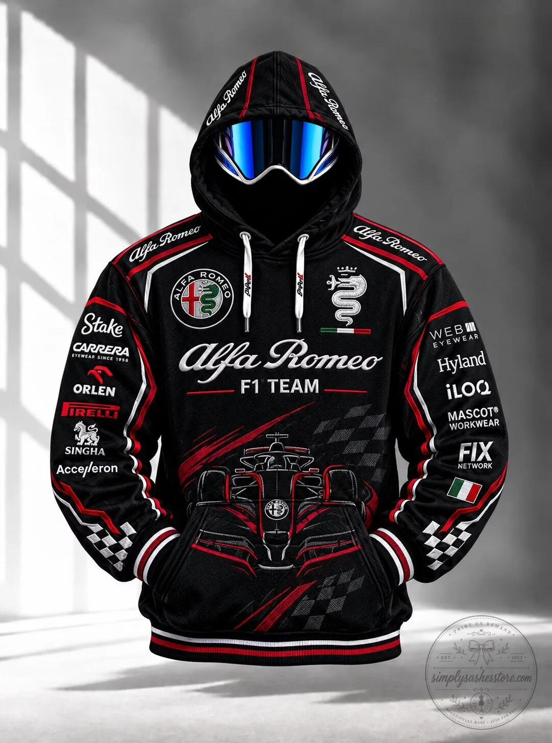 Alfa Romeo F1 Team Racing Black and Red Full Print Hoodie