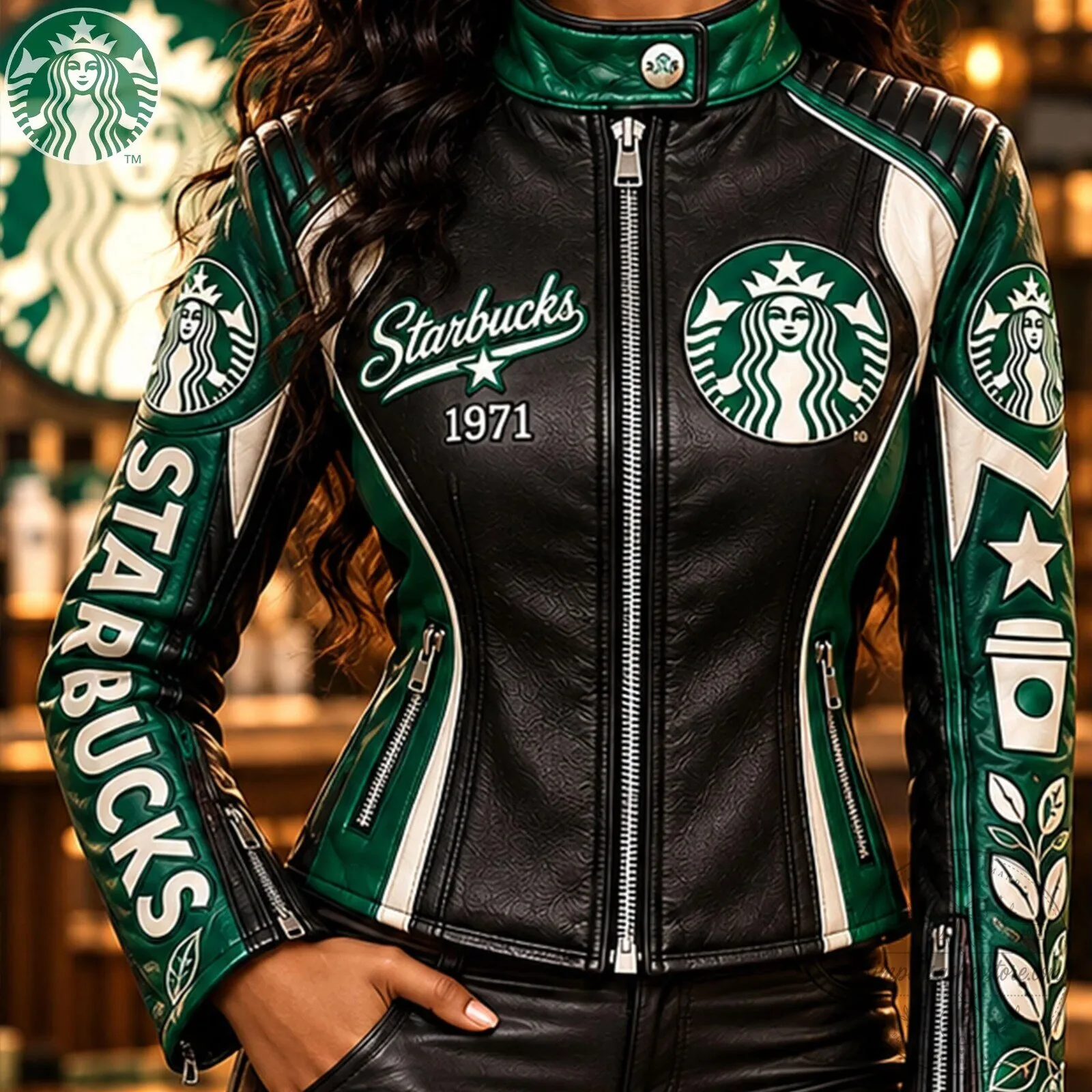 Starbucks Coffee Company Logo Black and Green Women's Leather Jacket 10 Starbucks Coffee Company Logo Black and Green Women
