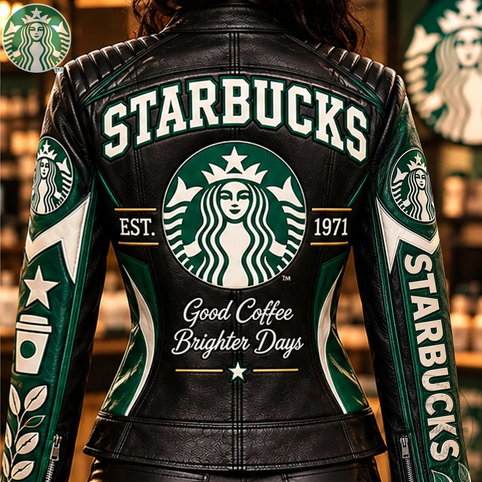 Starbucks Coffee Company Logo Black and Green Women's Leather Jacket 11 Starbucks Coffee Company Logo Black and Green Women
