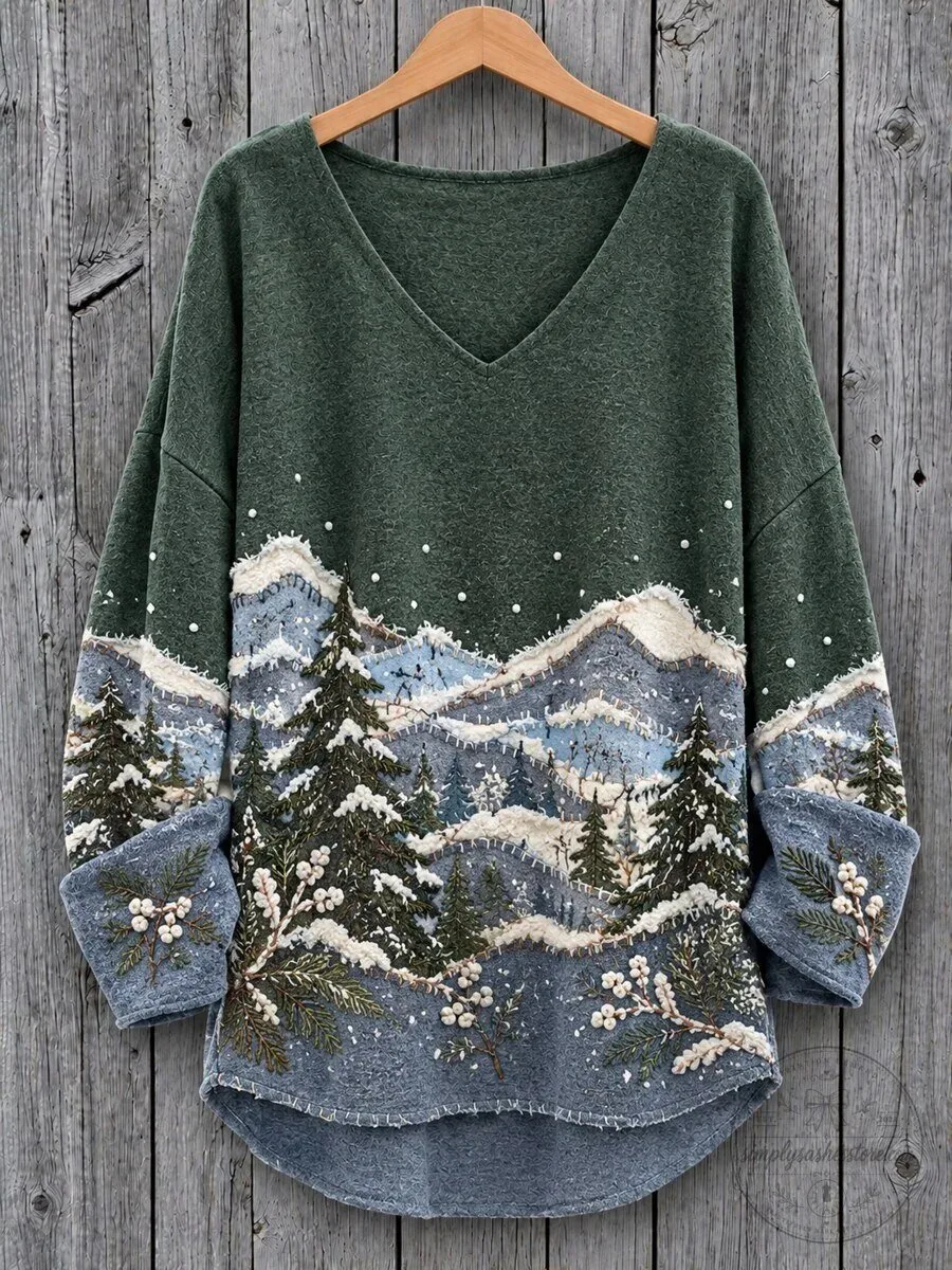 Winter Forest Landscape Embroidered V-Neck Long Sleeve T-Shirt for Women