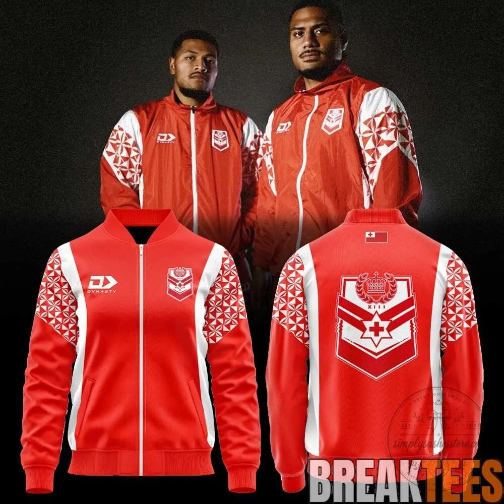 Tonga Rugby League Red and White Track Jacket with Crest and Flag Design 2 Tonga Rugby League Red and White Track Jacket with Crest and Flag Design