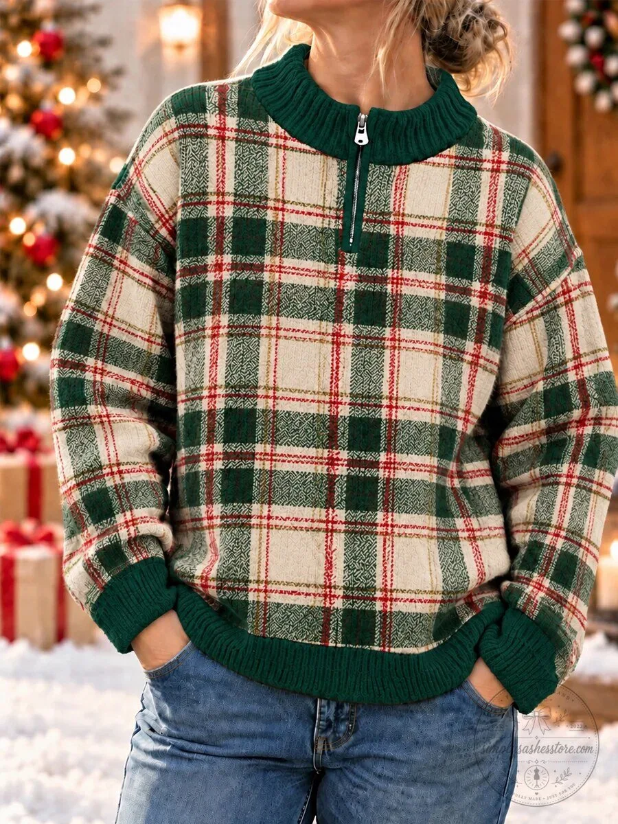 Women's Festive Plaid Quarter-Zip Pullover Sweater for Christmas Holidays