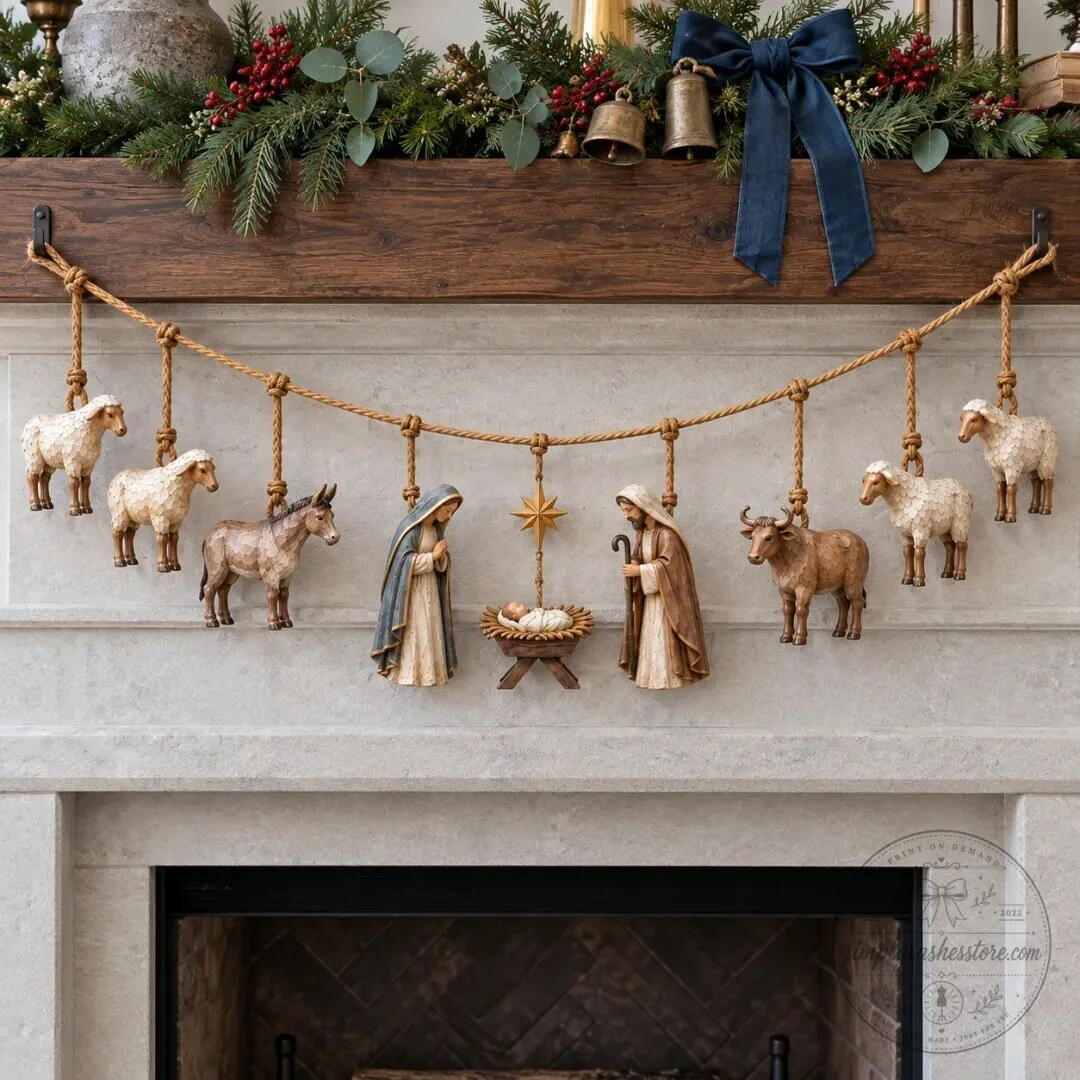 Handcrafted Wooden Nativity Scene Garland Christmas Decoration 12 Handcrafted Wooden Nativity Scene Garland Christmas Decoration