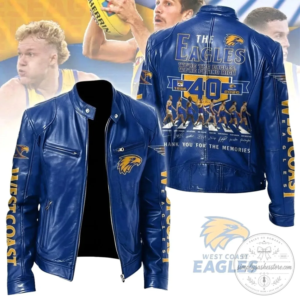 West Coast Eagles Football Team Blue Leather Jacket with 40th Anniversary Design West Coast Eagles Football Team Blue Leather Jacket with 40th Anniversary Design