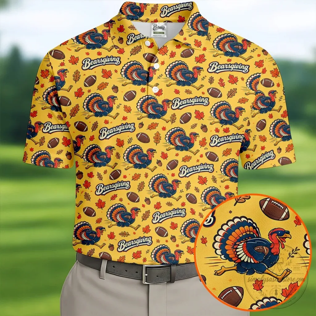 Funny Bearsgiving Turkey Football Thanksgiving Polo Shirt for Men Funny Bearsgiving Turkey Football Thanksgiving Polo Shirt for Men