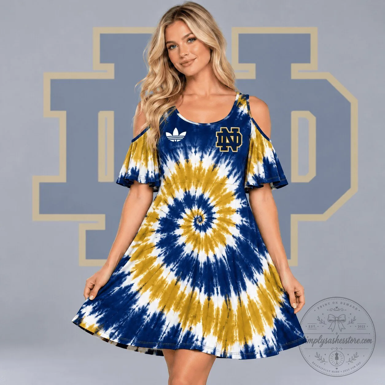 Notre Dame Fighting Irish Women's Spiral Tie Dye Cold Shoulder Dress 5 Notre Dame Fighting Irish Women