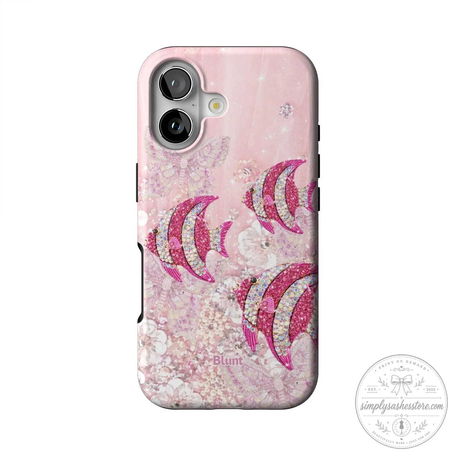 Pink Glitter Fish and Butterfly Design Protective Phone Case