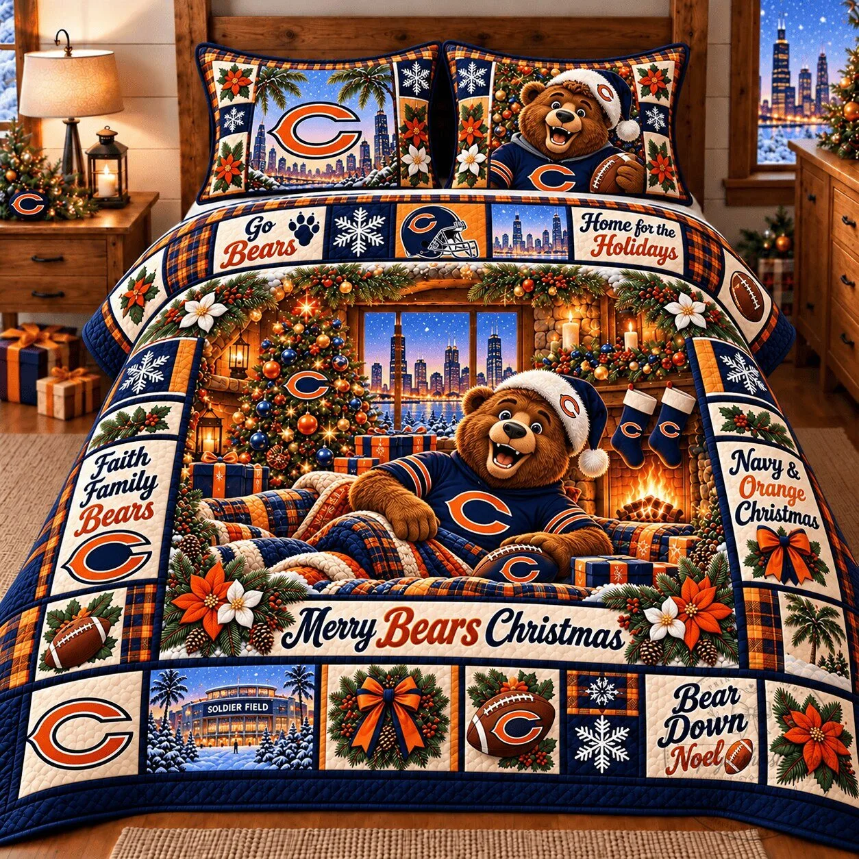 Chicago Bears NFL Christmas Quilt Bedding Set with Bear Mascot and Soldier Field