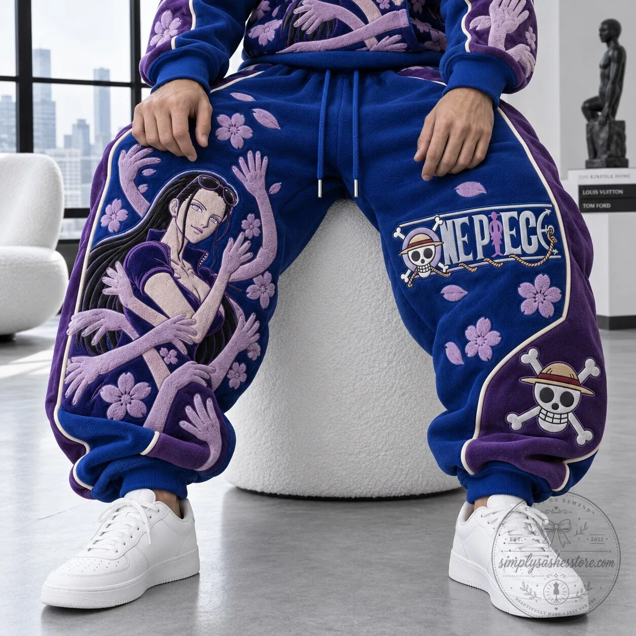 Nico Robin One Piece Anime Embroidered Purple and Blue Sweatpants