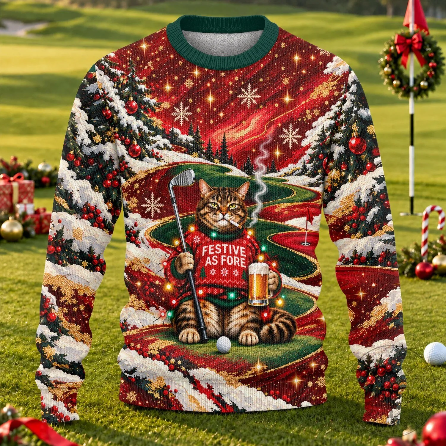 Festive As Fore Cat Golfing Ugly Christmas Sweater with Beer and Snowflakes