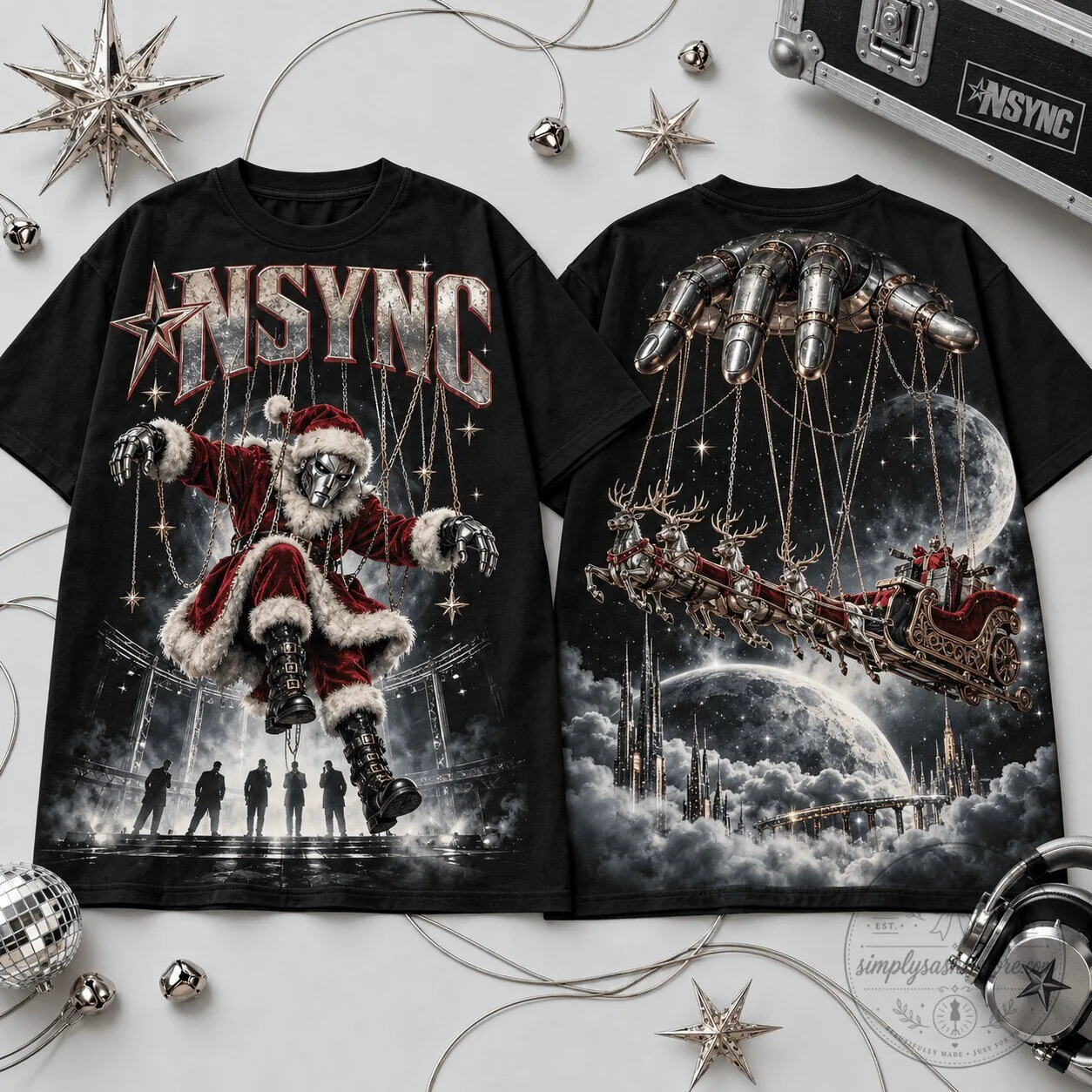 NSYNC Christmas Puppet Master Robot Santa Claus Concert Black T-Shirt