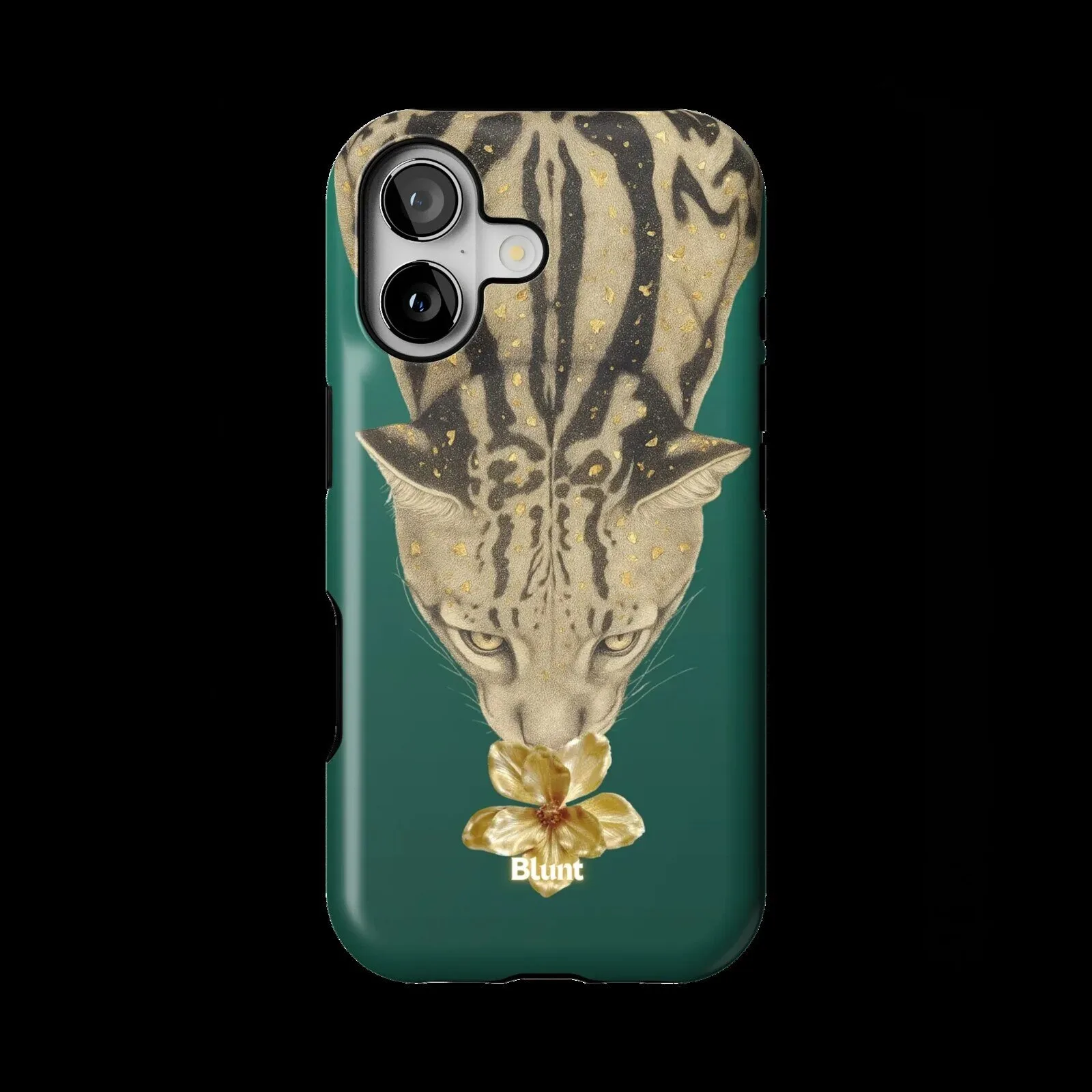 Ocelot Cat Sniffing Gold Flower Dark Green iPhone Case