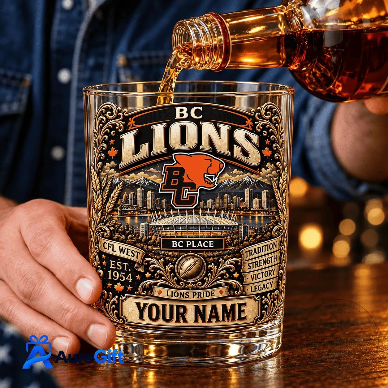BC Lions Canadian Football League Personalized Whiskey Glass