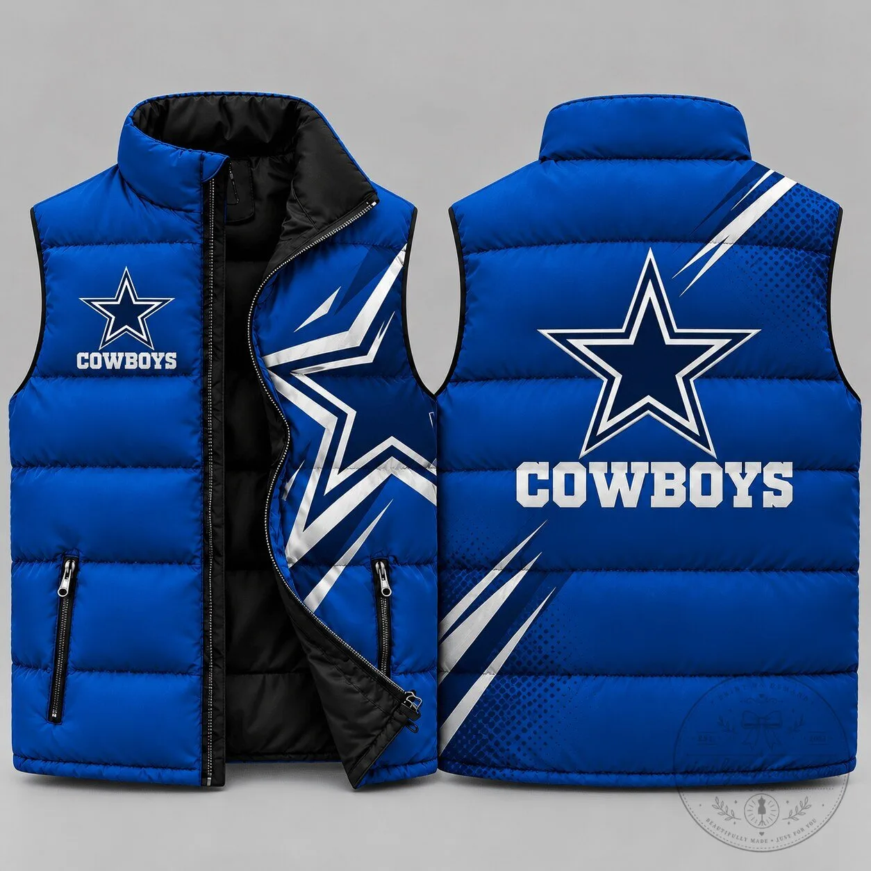 Dallas Cowboys Star Logo Blue Lightning Strike Sleeveless Puffer Jacket