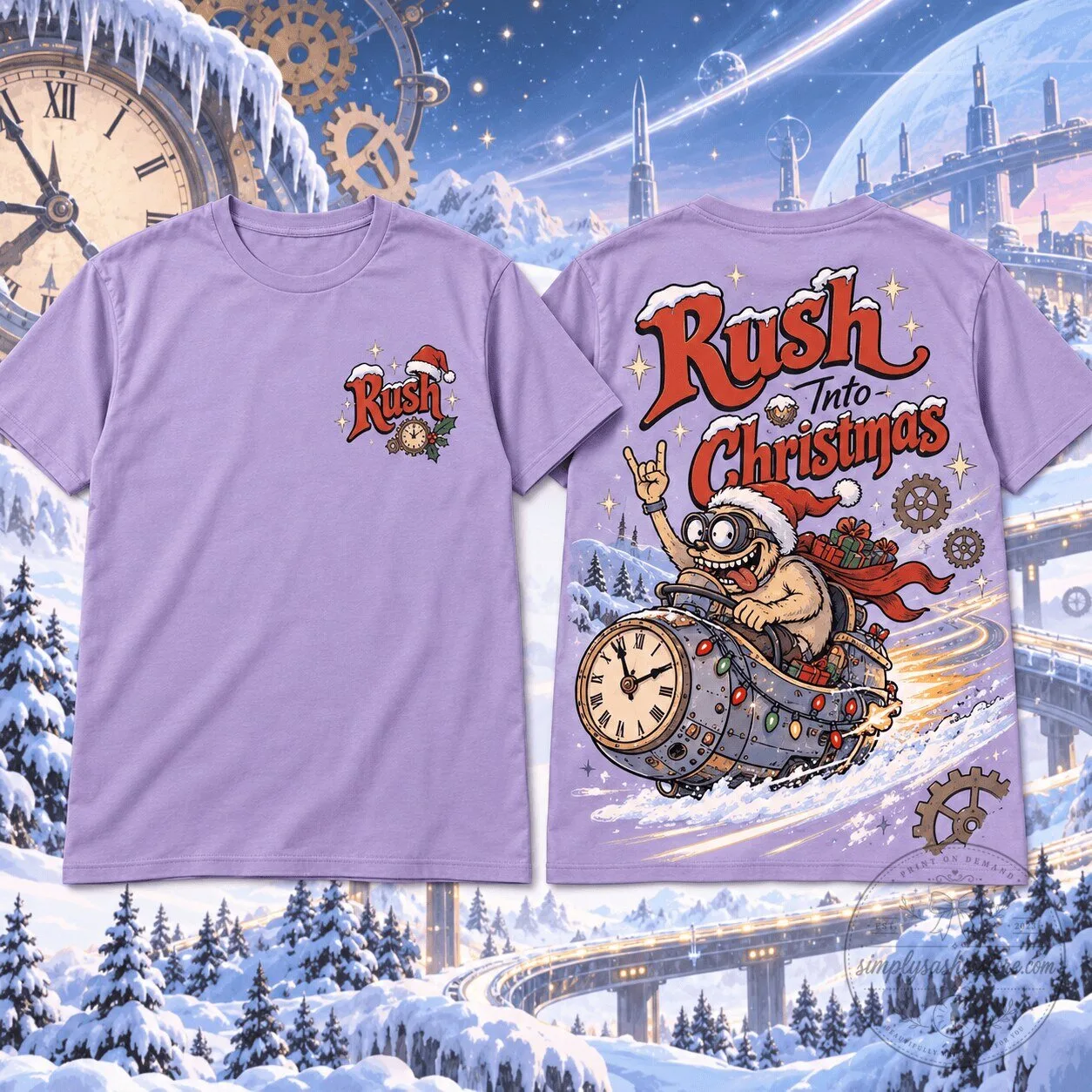 Rush Into Christmas Vintage Rock Graphic Purple Holiday T-Shirt